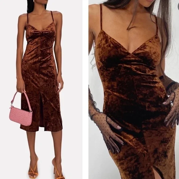 WeWoreWhat x Revolve Crushed Velvet Midi Slip Bodycon Dress Brown Size M - Picture 14 of 14